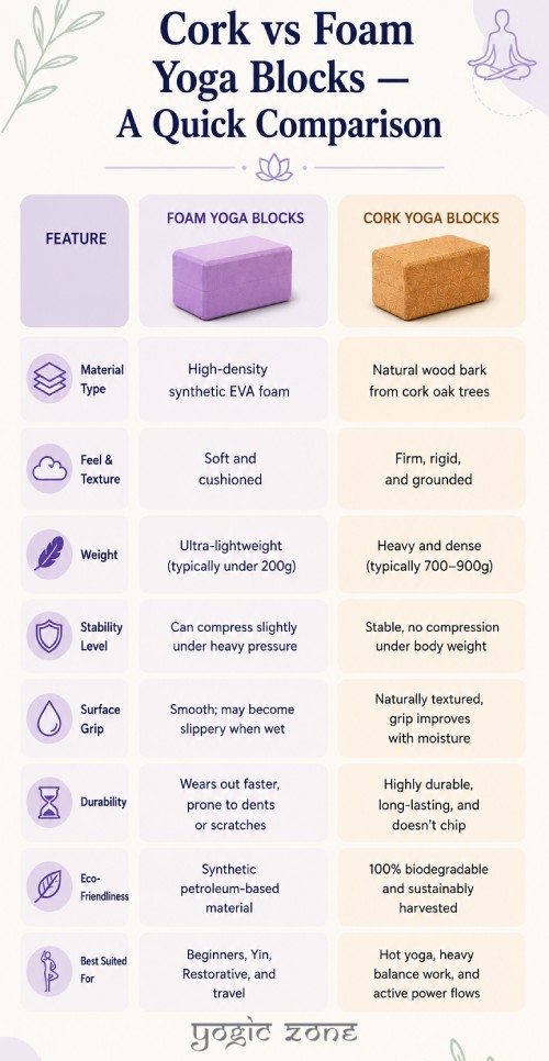 Cork vs Foam Yoga Blocks. Quick Comparison Infographic