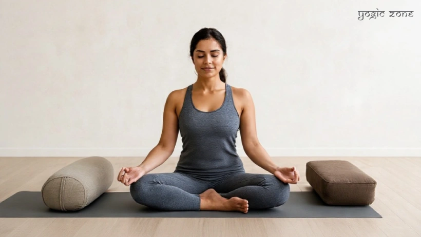 A lady sitting with round and rectangular yoga bolster. Image: staging.yogiczone.com