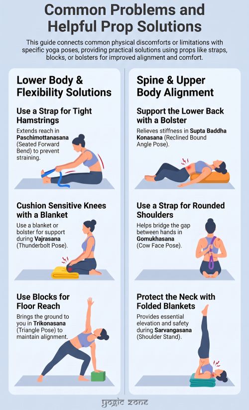Helpful Yoga Prop Solutions. Yoga Props benefit infographic