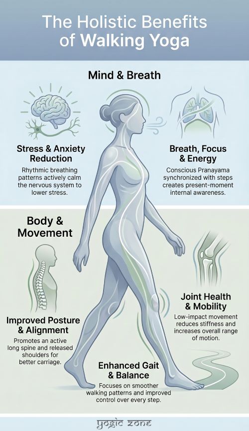 Benefits of Walking Yoga infographic showing posture, stress relief, energy, and joint health improvements