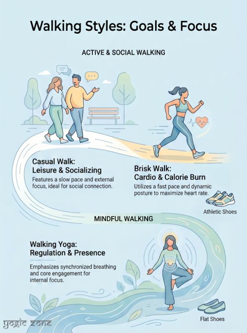 Walking Yoga vs Brisk Walking vs Casual Walking comparison infographic showing differences in breath, posture, pace, and mental focus