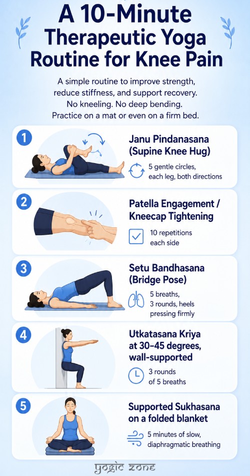 Yoga with knee pain. 10-Minute Therapeutic Yoga Routine. Infographic by staging.yogiczone.com