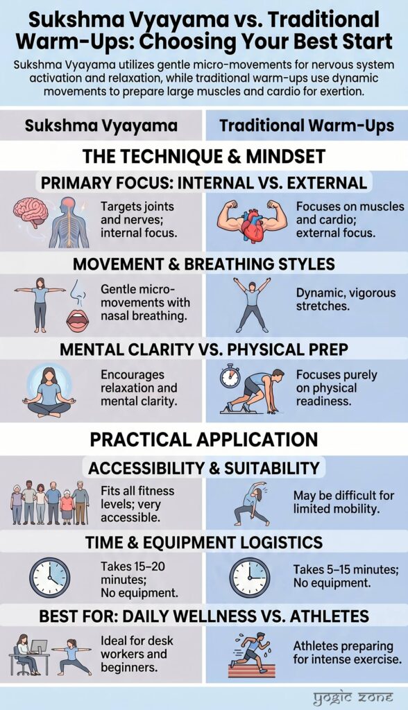 Sukshma Vyayama vs. Traditional Warm-Ups. Article infographic