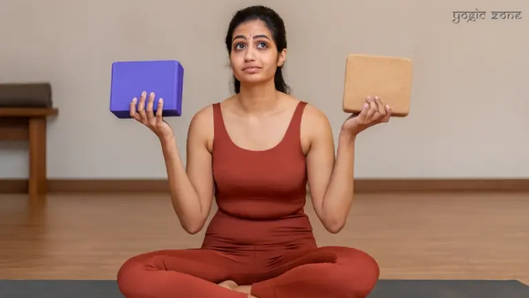 Confused lady holding yoga blocks. Blog on cork vs foam yoga blocks by staging.yogiczone.com