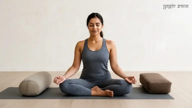 A lady sitting with round and rectangular yoga bolster. Image: staging.yogiczone.com
