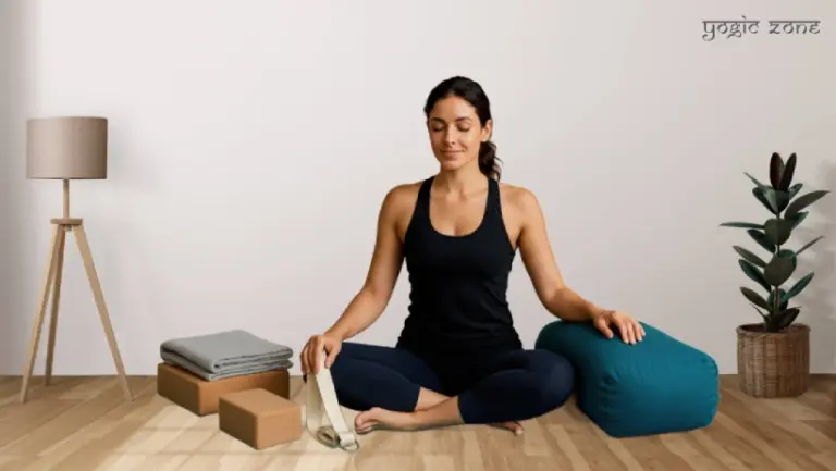 yogini surrounded by yoga props for beginners. Blog by staging.yogiczone.com