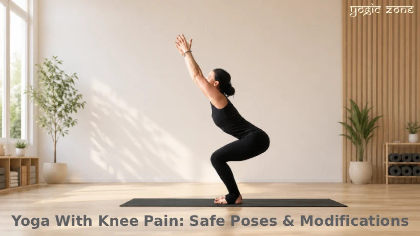 Yoga With Knee Pain. Lady practicing • Utkatasana Kriya