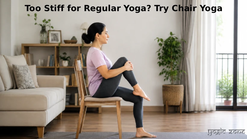 Blog feature image. Chair Yoga for Beginners. A lady practicing Eka Pada Apanasana (Chair seated single Knee-to-Chest).